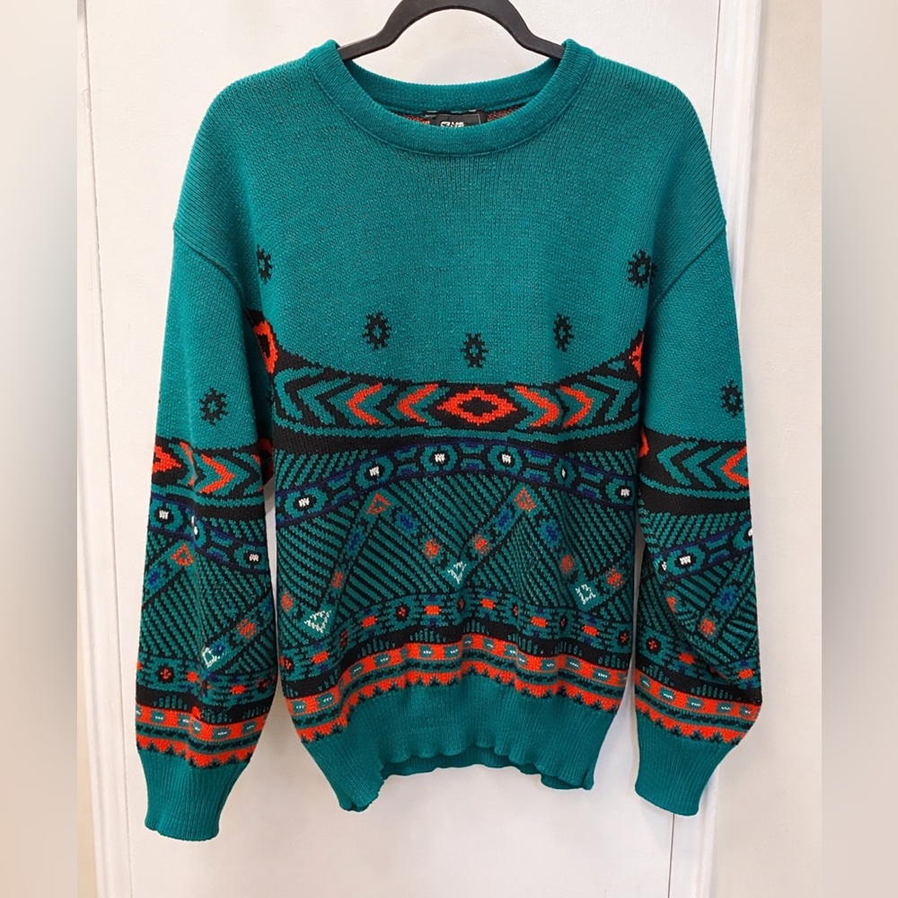 Vintage Sears Teal and Red Geometric Crewneck Sweater (1980s)